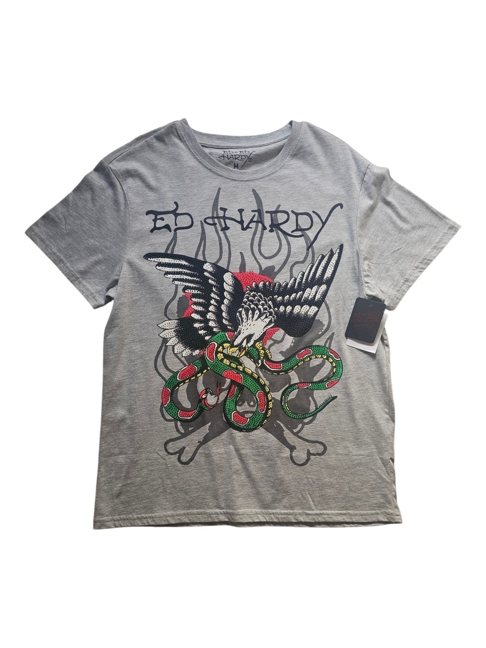 Ed Hardy Light Gray Tee with Eagle and Red‑Green Snake Graphic